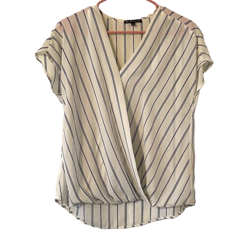 Adrianna Papell White & Black Cross Over Striped Short Sleeve Blouse
